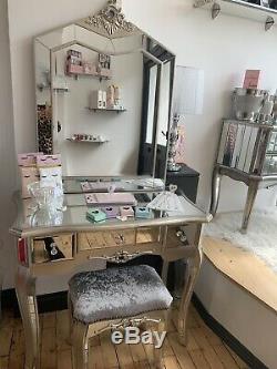 Set Of Antique Style Mirrored Glass Argente Dressing Table With Stool & Mirror