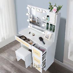 Set with Large Mirror Vanity 4 Drawers Dressing Table + LED Lights Makeup Stool