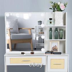 Set with Large Mirror Vanity 4 Drawers Dressing Table + LED Lights Makeup Stool