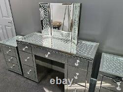Silver Floating Crystal Mirrored Glass 7 Drawer Dressing Table and Mirror Set