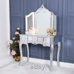 Silver Mirrored Dressing Table And Triple Mirror Venetian Glass Chic Bedroom