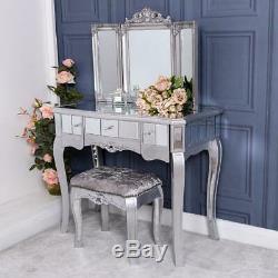 Silver Mirrored Dressing Table Triple Mirror Stool Furniture Set Venetian Glass