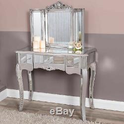 Silver Mirrored Dressing Table Triple Ornate Mirror Venetian Glass Chic Bedroom