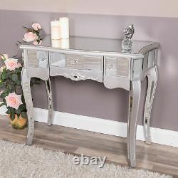 Silver Mirrored Dressing Table with Drawers Glass Venetian Bedroom Hallway Chic