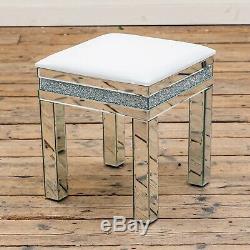 Silver Mirrored Glass Crushed Diamond Glitzy White Dressing Table Vanity Stool