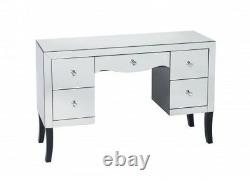 Silver Mirrored Glass Dressing Table With Crystal Knobs Drawers Black Legs