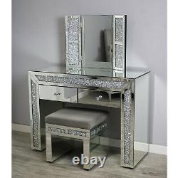Silver Sparkle Dressing Table Set 2 Drawer Bedroom Vanity Make Up Desk Mirror