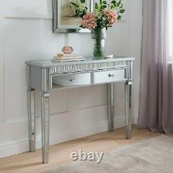Silver Wood Trim Mirrored Glass 2 Drawer Console Hall Dressing Table