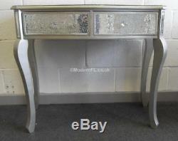 Silver mirrored mosaic 2 drawer dressing console table with antique silver leg