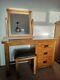 Solid Oak Dressing Table, Mirror, Stool And Glass Top