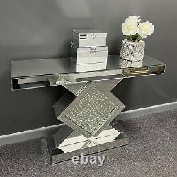 Sparkling Silver Mirrored Glass Floating Crystal Diamond Console Dressing Table