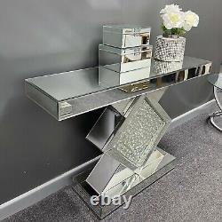 Sparkling Silver Mirrored Glass Floating Crystal Diamond Console Dressing Table