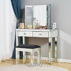 Sparkly Mirrored Glass Dressing Table Mirror Stool Make Up Desk Chair Vanity New