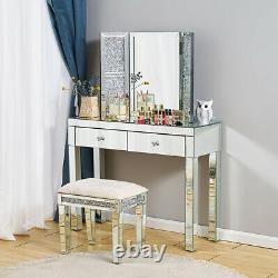 Sparkly Mirrored Glass Dressing Table Mirror Stool Make Up Desk Chair Vanity New