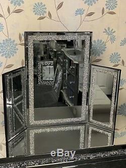Sparkly Silver Crushed Crystal Diamond Glitz Tri-fold Dressing Table Mirror