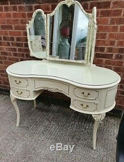 Stunning French Louis Style Dressing Table With Glass Top & 3 Piece Mirror