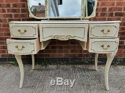 Stunning French Louis Style Dressing Table With Glass Top & 3 Piece Mirror