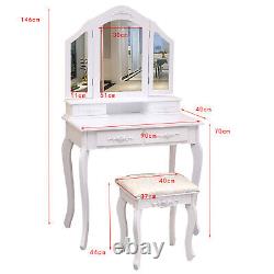 UK Dressing Table Foldable Tri-fold Mirror Vanity Makeup Desk Stool 4 Drawer Set