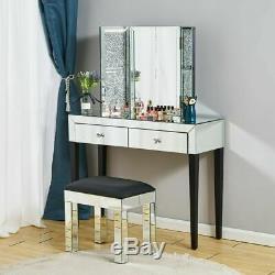 UK Mirrored Sparkly 1/2 Drawers Dressing Table Cushioned Stool Mirror Vanity Set