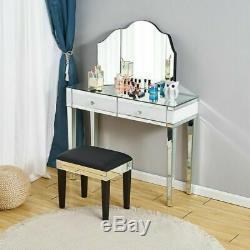 UK Mirrored Sparkly 1/2 Drawers Dressing Table Cushioned Stool Mirror Vanity Set