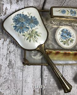 VINTAGE DELINA Petit Point Dressing Table Vanity Set Blue Floral Mirror Tray