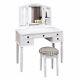 Vanity Dressing Table Set Makeup Desk Cabinet Padded Stool With Tri-fold Mirror Uk