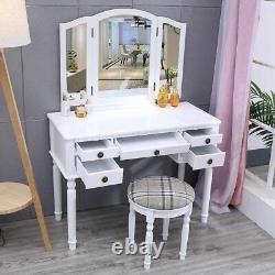 Vanity Dressing Table Set Makeup Desk Cabinet Padded Stool With Tri-fold Mirror UK