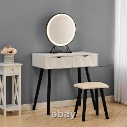 Vanity Dressing Table Set with LED Lights 2 Drawers Cushioned Stool Writing Desk