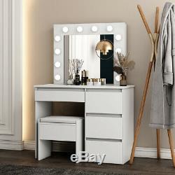 Vanity Dressing Table Stool Set Makeup Dresser Desk Mirror 12 LED Bulbs Greyish