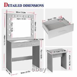 Vanity Dressing Table Stool Set Makeup Mirror/Drawers/Dimmabl 3 Colors LED Light