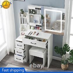 Vanity Makeup Desk Dressing Table with LED Lighting Mirror Stool 4 Drawers