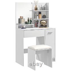 Vanity Mirror Set Wooden Dressing Table Makeup Storage Shelf Padded Chair White