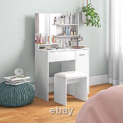 Vanity Mirror Set Wooden Dressing Table Makeup Storage Shelf Padded Chair White