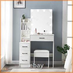 Vanity Table Set Dressing Table With LED Mirror Stool White Bedroom Furniture