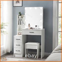 Vanity Table Set Dressing Table With LED Mirror Stool White Bedroom Furniture