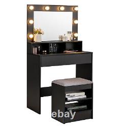 Vanity Table Set Large Makeup Stool Dressing Desk Drawer with Lighted Mirror