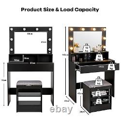 Vanity Table Set Large Makeup Stool Dressing Desk Drawer with Lighted Mirror