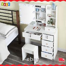 Vanity Table Set Makeup Dressing Desk with Stool Lighted Sliding Mirror 5 Drawers