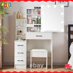 Vanity Table Stool Set with 10 Led Lighted Mirror Sliding Cabinet Makeup Dresser