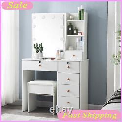 Vanity Table with Drawers, LED Lights Makeup Dresser Desk with Mirror & Stool Set