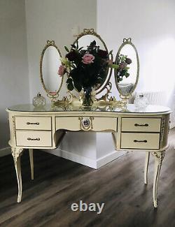 Vintage French Louis Style Dressing Table & Triple Mirror New Glass Top