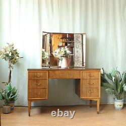 Vintage Kneehole Concave Dressing Table With Glass Top And Triple Mirror