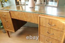 Vintage Kneehole Concave Dressing Table With Glass Top And Triple Mirror