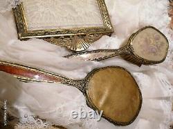 Vintage Lace Glass Tray dressing Table Vanity Hand Mirror Hair Brush Embroidered