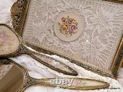 Vintage Lace Glass Tray dressing Table Vanity Hand Mirror Hair Brush Embroidered
