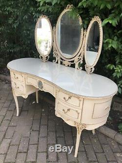 Vintage Louis Rococo Cream & Gilt Triple Mirrored Dressing Table With Glass Top