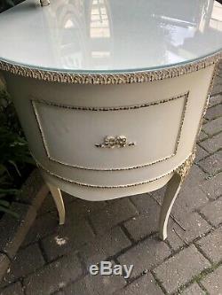 Vintage Louis Rococo Cream & Gilt Triple Mirrored Dressing Table With Glass Top