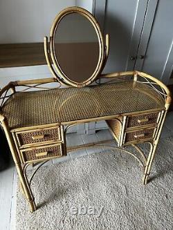 Vintage MID Century Rattan Cane Bamboo Dressing Table Desk With Mirror Glass Top