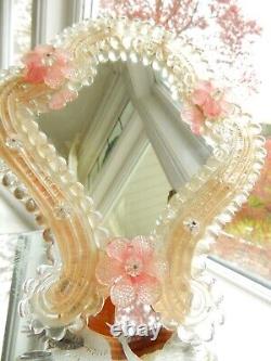 Vintage Murano Venetian Vanity Mirror Glass Flowers Dressing Table 9 4/8 High
