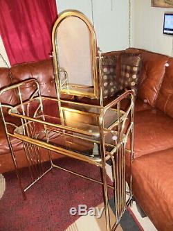 Vintage Set Mid Century Mirror Gold Metal & Glass Vanity Dressing Table & Bench